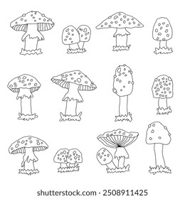 Black white doodle big set of amanita toadstool mushrooms. Cartoon outline vector fly agaric illustrations on a white background