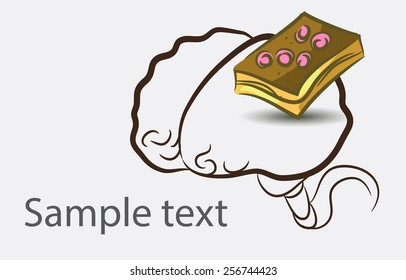 Black and white doodle brain background with cake and place for semple text