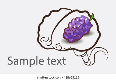 Black and white doodle brain background with grape and place for semple text