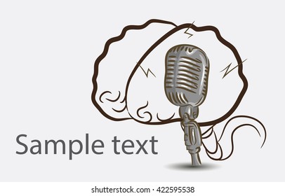 Black and white doodle brain background with microphone and place for semple text