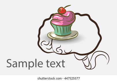 Black and white doodle brain background with cake and place for semple text
