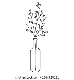 Black and white doodle branch with heart-shaped leaves in a bottle.Minimalistic vector illustration for posters,stickers,print on t-shirts,mug print,decoration for greeting cards,planners and more