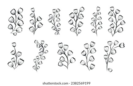 Black and white doodle of branches with flower buds. Set of vector isolated botanical twigs.