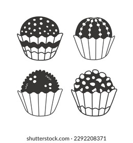 Black and white doodle brigadeiro collection. Set of hand drawn traditional Brazilian sweets. Cute round chocolate candies with various sprinkles. Isolated vector illustration