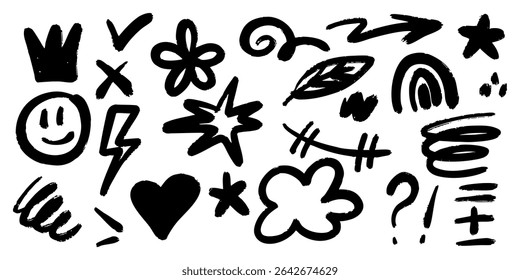 Black and White Doodle Brush Marker Elements Set. Includes a variety of expressive symbols such as smiley face, heart, crown, stars, arrow, lightning, swirl, flower, question mark, and abstract lines.