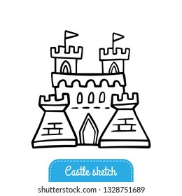Black and white doodle cartoon castle. Hand-drawn fairytale castle for magic kingdom. Vector Illustration good for a logo, stickers, mini-games or banners.