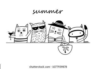 Black and white doodle cats. Can be used for school book and drawing poster, T-shirt Print and cartoon character.