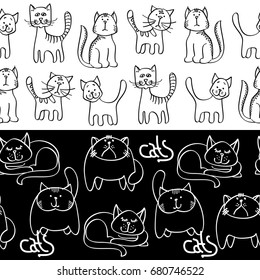 Black and white doodle cats seamless borders. Background with cats. Vector illustration