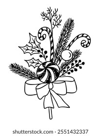 Black and white doodle Christmas composition with hand drawn candy canes, holly leaves, pine branches with festive bow. Perfect for holiday decor, coloring pages, and designs