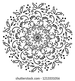 Black and white doodle circle flower ornament, ornamental round lace design. Floral mandala.Delicate Snowflake.