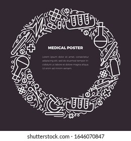 Doodle blanco y negro. ilustración de doodles médicos de concepto vectorial de cuadro circular. Con lugar para el texto. Concepto de estilo de vida saludable. Diseño para publicidad, sitios web, afiches, impresión.