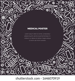 Doodle blanco y negro. ilustración de doodles médicos de concepto vectorial de cuadro circular. Con lugar para el texto. Concepto de estilo de vida saludable. Diseño para publicidad, sitios web, afiches, impresión.