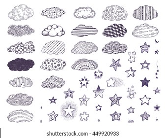 Black and white Doodle clouds, stars set pattern. Monochrome collection of decorative cute details for adult, children coloring book page. Hand drawn vector illustration, separated elements.