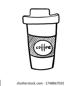 Black and white doodle coffee cup. A cup of hot coffee in doodle style. Hand-drawn image for websites, banners, cards, designers, posters, decor, t shirt design, logo.