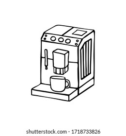 Black and white doodle coffee machine. Hand-drawn image for websites, banners, cards, designers.