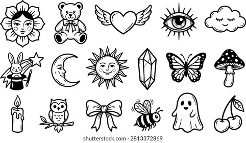 Black and white doodle collection of faces, animals, plants, and symbols woman girl