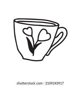 Black and white doodle. Cup decorated with two flowers in the form of hearts with petals.