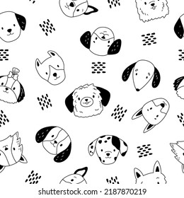 Black and white doodle dogs faces. Hand drawn dots. Cartoon puppies head. Different breeds of dogs. Vector illustration.