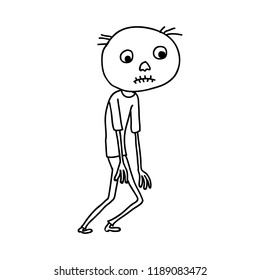 Black and white doodle drawing of character walking, looking dead like zombie. Dry skin, hair loss, wearyness. Illness, anemia, vitamin deficiency concept. Isolated on white background.