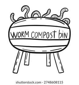 Black and white doodle drawing of compost bin with bunch of worms in it. compost bin is labeled with words 