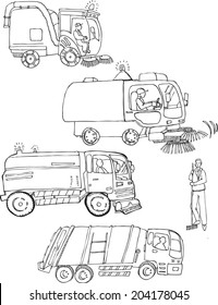 A black and white doodle drawing. our garbage trucks and a cleaner 