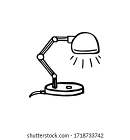 Black and white doodle drawing of a table lamp. Hand-drawn image for web, banners, cards, designers.