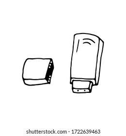 Dibujo de doodle en blanco y negro de la unidad flash USB.Dibujo vectorial de doodle en blanco.Carcasa.Dibujo en negro dibujado a mano.Símbolo de signo.Fondo en blanco. Diseño plano. Dibujo de dibujos animados.