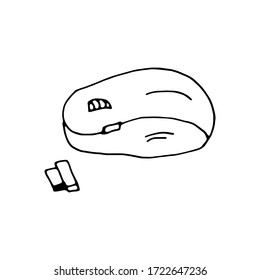 Black and white doodle drawing of USB computer mouse.Cute doodle vector illustration.Home office.Hand drawn black sketch.Sign symbol.White background. Isolated.Flat design. Vector cartoon illustration