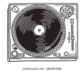 Black and white doodle drawn musical turntable