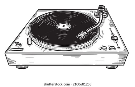 Black and white doodle drawn musical turntable vinyl player