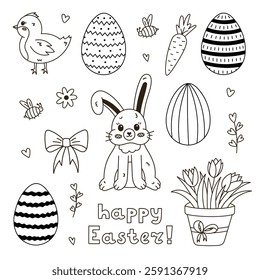 Black and white doodle Easter set with furry bunny with bent down ear, baby chicken, ornate eggs with lines, stripes, check, tulips in flower pot. Happy Easter egg hunt collection isolated on white