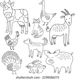 Black white doodle farm animals. Outline vector illustration cartoon animals. Hand drawn cow, pig, rabbit, dog, geese, chicken, cat.