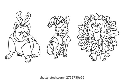 black and white doodle featuring cute dogs in Christmas costumes, including reindeer antlers, a gnome, wreath. Draw festive characters for holiday coloring pages, greeting cards, or winter decor.