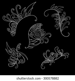 Black and white doodle floral elements. Decoration elements for design invitation, wedding cards, valentines day, greeting cards