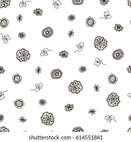 Black and white doodle floral elements seamless pattern background. Decoration elements for design invitation, wedding cards, valentines day, greeting cards