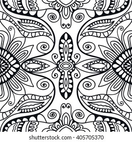 Black and white doodle floral geometric background seamless pattern, repeating monochrome fabric texture. Tribal ethnic ornament, vector decorative graphic illustration