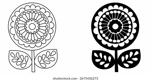 Black and white doodle flower with leafs. Vector illustration.