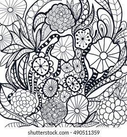 Black and white doodle flowers for coloring. Anti stress page