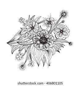 black and white doodle flowers. floral design elements. Doodle art flowers. Doodle floral drawing. 
