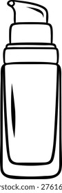 Black and white doodle of a foundation bottle with pump. Minimalist makeup icon for cosmetic packaging or beauty illustrations