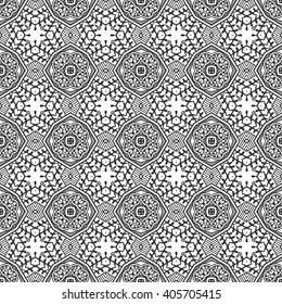 Black and white doodle geometric background seamless pattern, repeating monochrome fabric texture. Tribal ethnic ornament, vector decorative graphic illustration