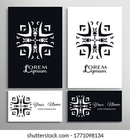 Black and white doodle geometric symbol round pattern. Business card set. Mandala line ornament.  Isolated design element for logo, icon, label, emblem. Tribal ethnic decoration, stylized flower