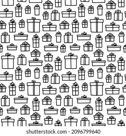 Black and white doodle gift boxes seamless pattern. Parcels, presents, gift boxes with bows minimalist doodle pattern, birthday party celebration background, gift wrapping paper.