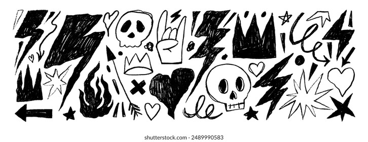 Conjunto de iconos de punk y rock grunge en blanco y negro. Relámpagos de crayón dibujados a mano, cráneos, corona, corazones, flecha y garabatos. Iconos de garabatos punk para pegatinas, collages. Garabatos a lápiz y carbón.