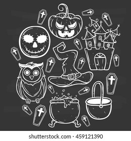 Black and white doodle halloween elements with outline on chalkboard background