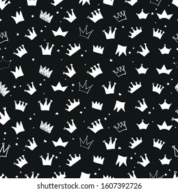 Black and white doodle hand drawn crown with stars and hearts black background. Baby girl, baby shower, birthday party, t-shirt, textile design element. Seamless for fabric pattern