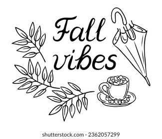 Black and white doodle hand drawn autumn season lettering, quote or pharse for greeting cards, banners, posters design, stickers. Fall vibes slogan in retro style. Black sketch elements