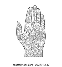 Black and white doodle hand, line art. Ornament coloring book for adults. Pattern for coloring page, design for spiritual relaxation. Hand drawn tattooed arm. Patterned design.