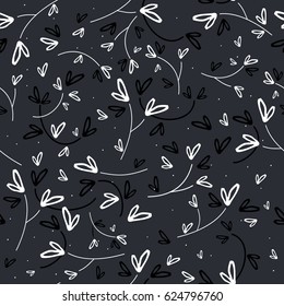 Black and white doodle heart leaves seamless vector pattern on dark gray background.