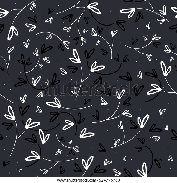 Black White Doodle Heart Leaves Seamless Stock Vector Royalty